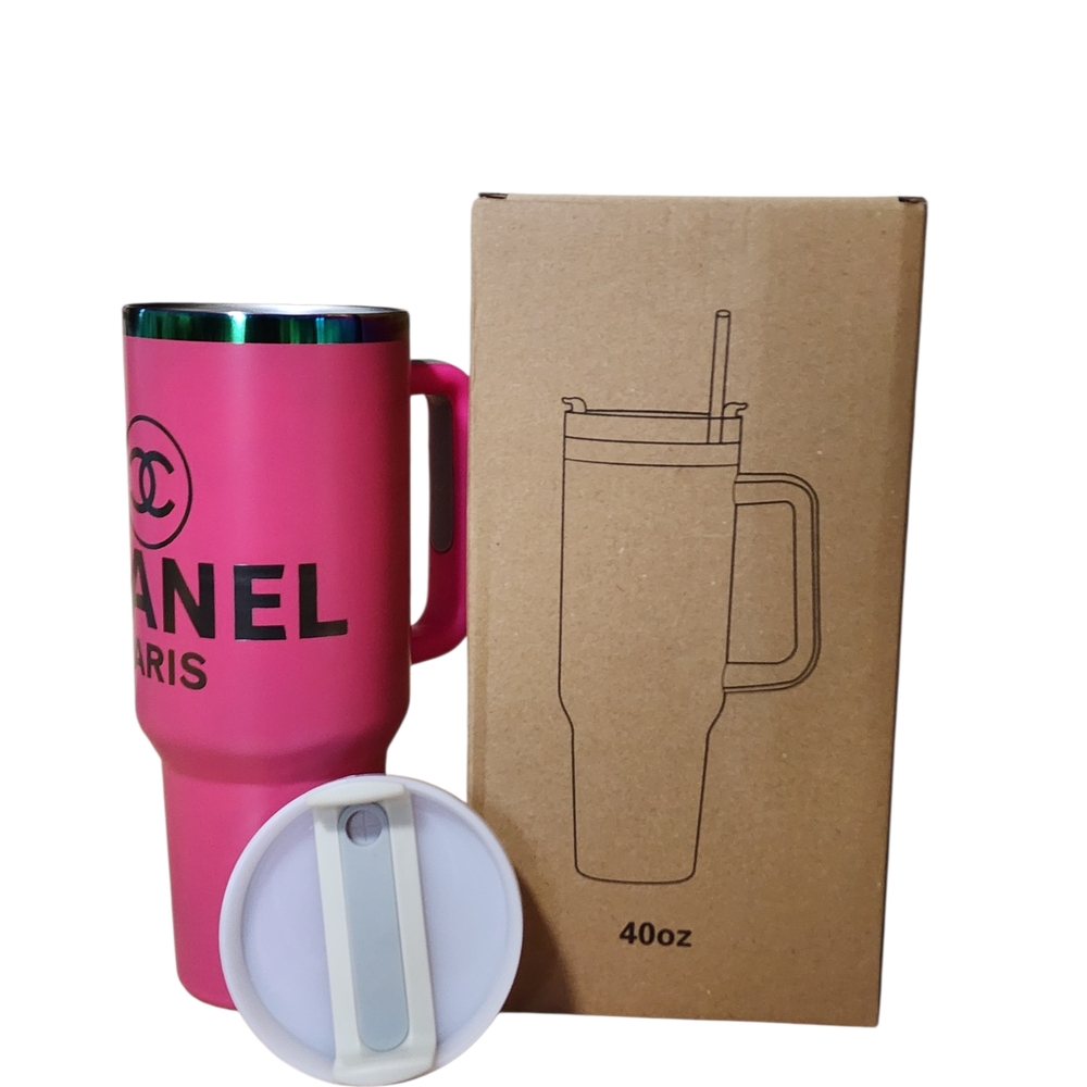 Hot Pink Travel Tumbler with Handle 40oz Laser Engraved